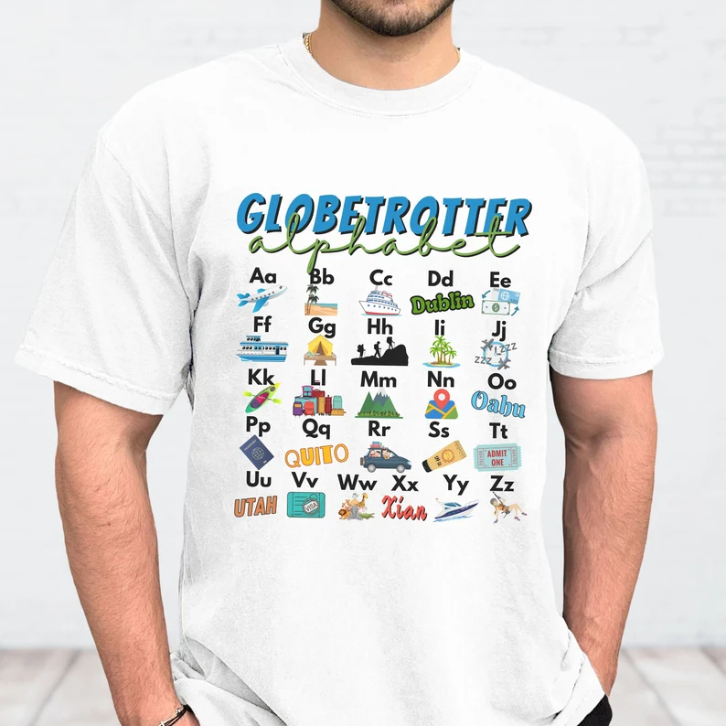 Traveler Alphabet Unisex T-Shirt Gift for Globetrotter, Travel Tee-Shirt Gifted Travel the World Tee Alphabet T-Shirt for Traveler Friend