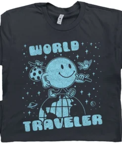World Traveler T Shirt Cool Travel Destination Shirt Vintage Smiley Face Graphic Shirts for Men Women Adventure Road Trip Van Life Fun Tee
