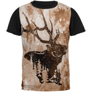Distressed Brown Elk Silhouette All Over Mens Black Back T Shirt