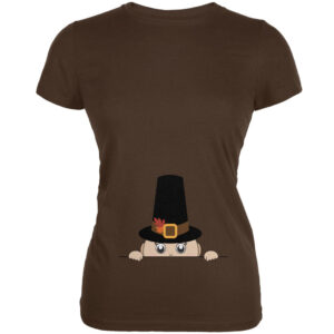 Peeking Baby Thanksgiving Pilgrim Brown Juniors Soft T-Shirt