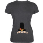 Peeking Baby Thanksgiving Pilgrim Juniors Dark Grey Heather Soft T-Shirt