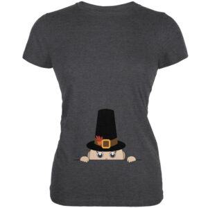 Peeking Baby Thanksgiving Pilgrim Juniors Dark Grey Heather Soft T-Shirt